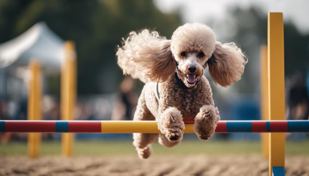 athletic poodle jumping over pole in agility course