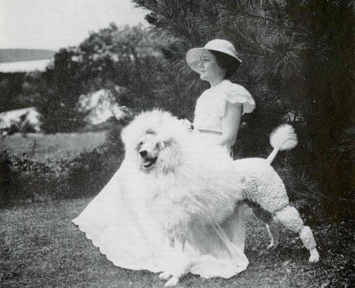 historic BW photo poodle with aristocratic lady in lakefront setting