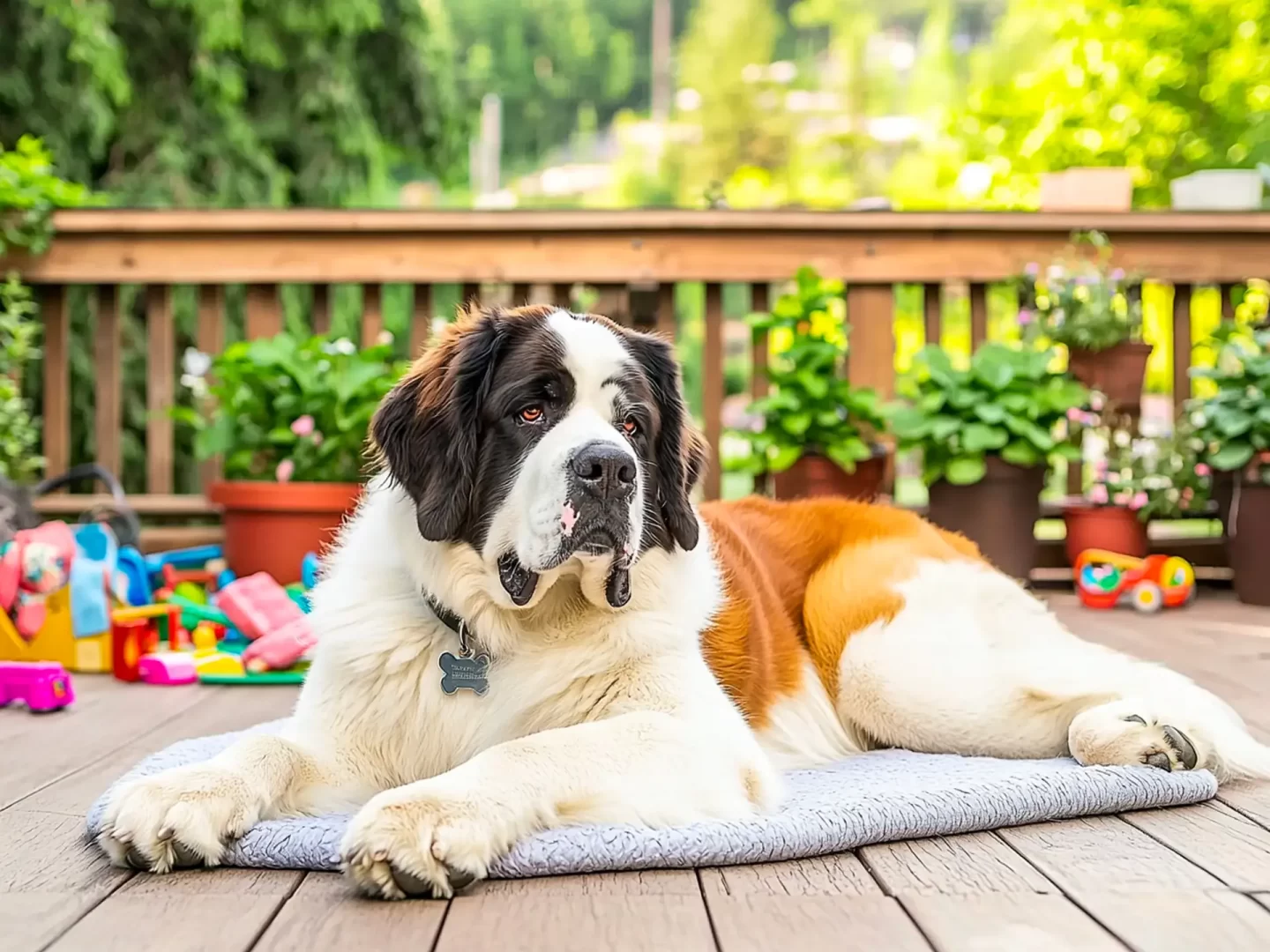 Saint Bernard "gentle giant" dog breed chillin on patio with toys in background demonstrating that kid and family friendly