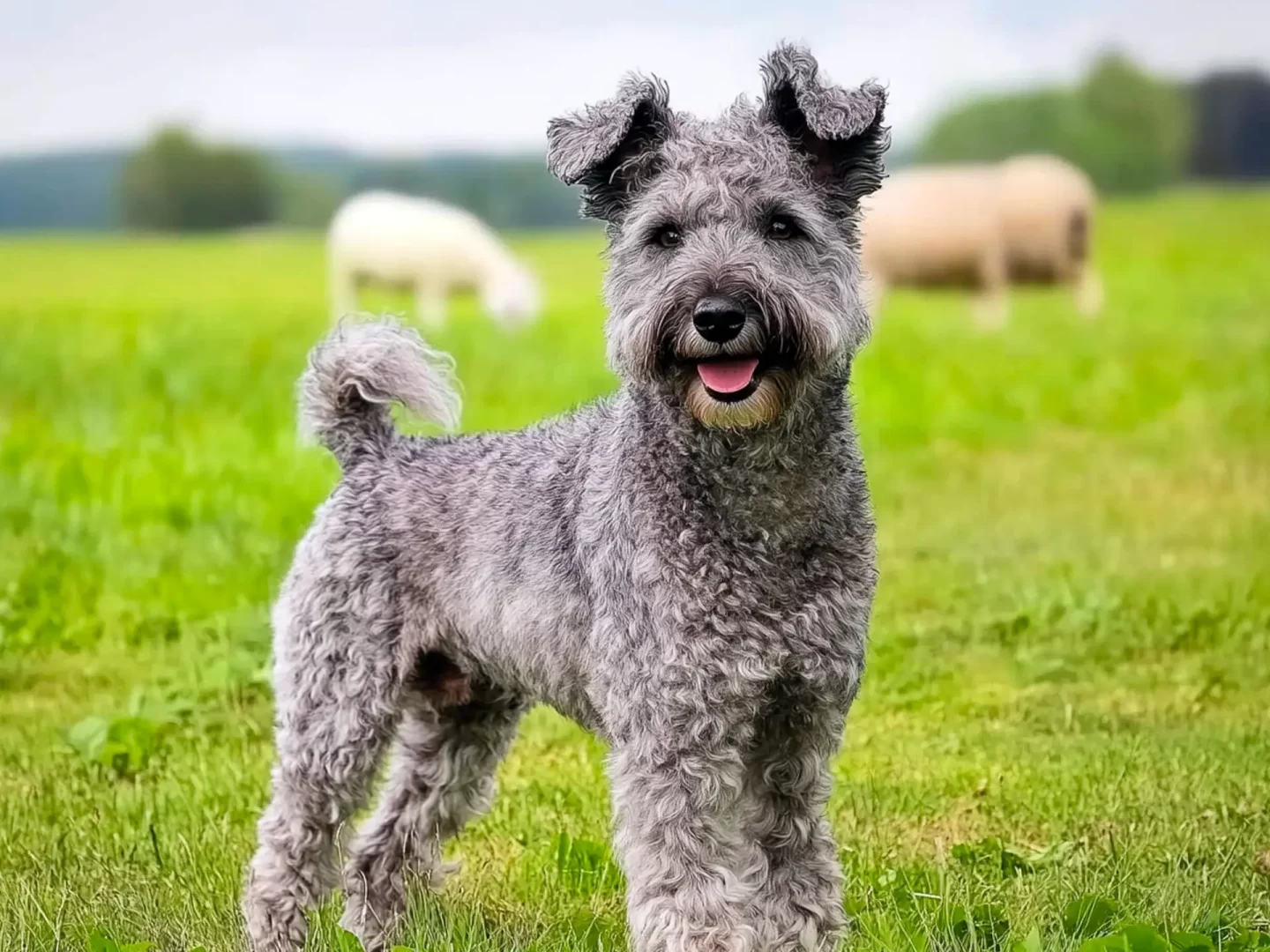 grey pumi dog guard sheep at farm