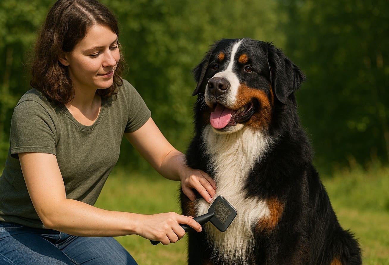 bernese mountain dog seated by woman outdoors being brushed