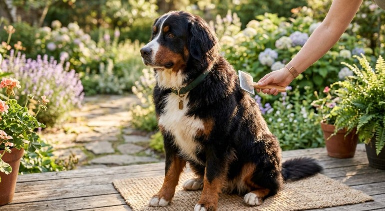 swiss mountain dog grooming being brushed in lovely garden with pet friendly plants in containers and curated garden with tiled pathway