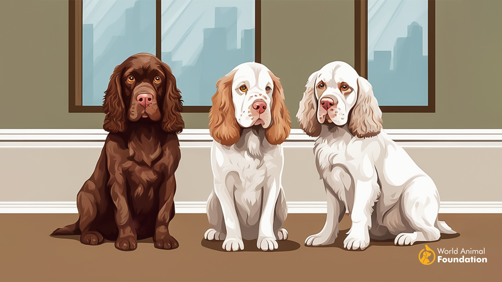 clumber spaniel trio showing coat variety