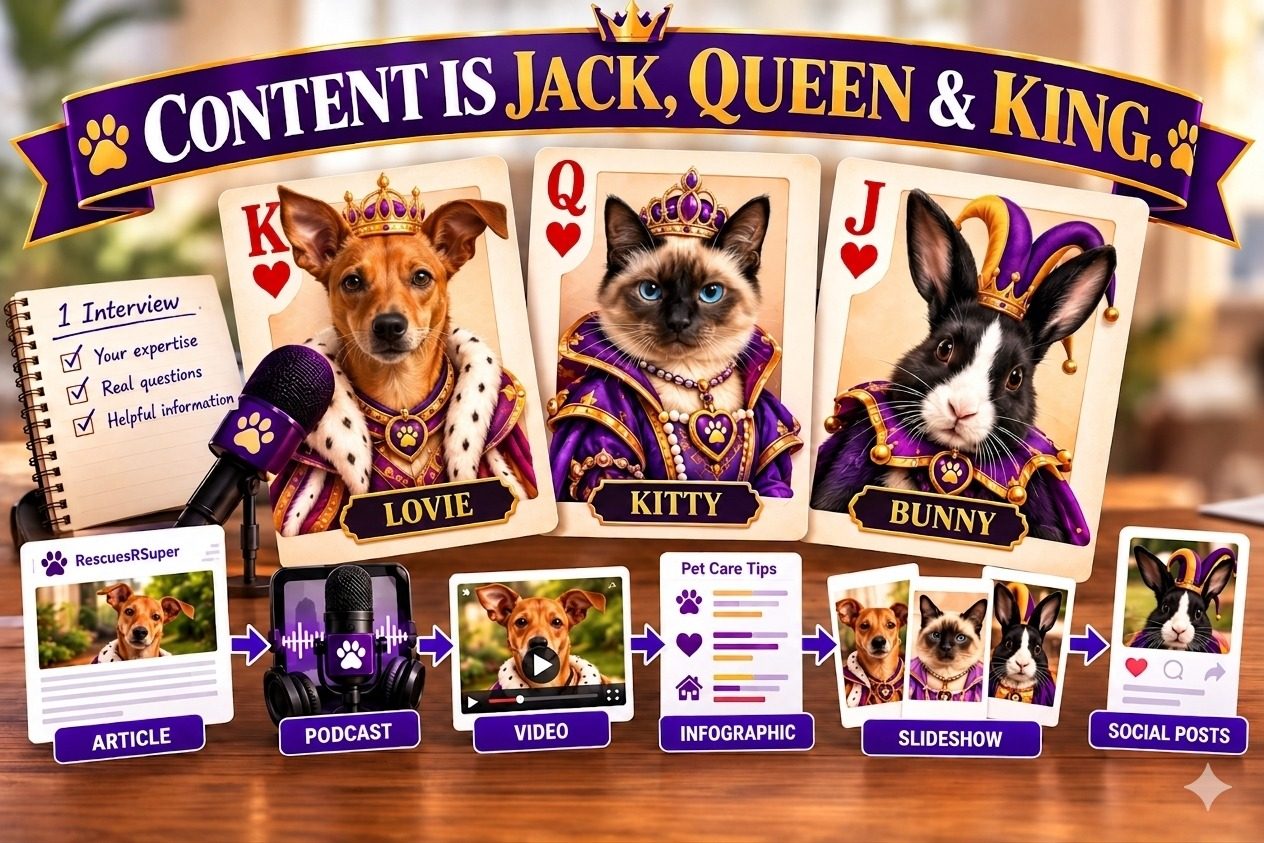 Lovie, Kitty and Bunny as playing-card royalty illustrating how one Team RSQ interview becomes articles, podcasts, videos, infographics, slideshows and social posts.